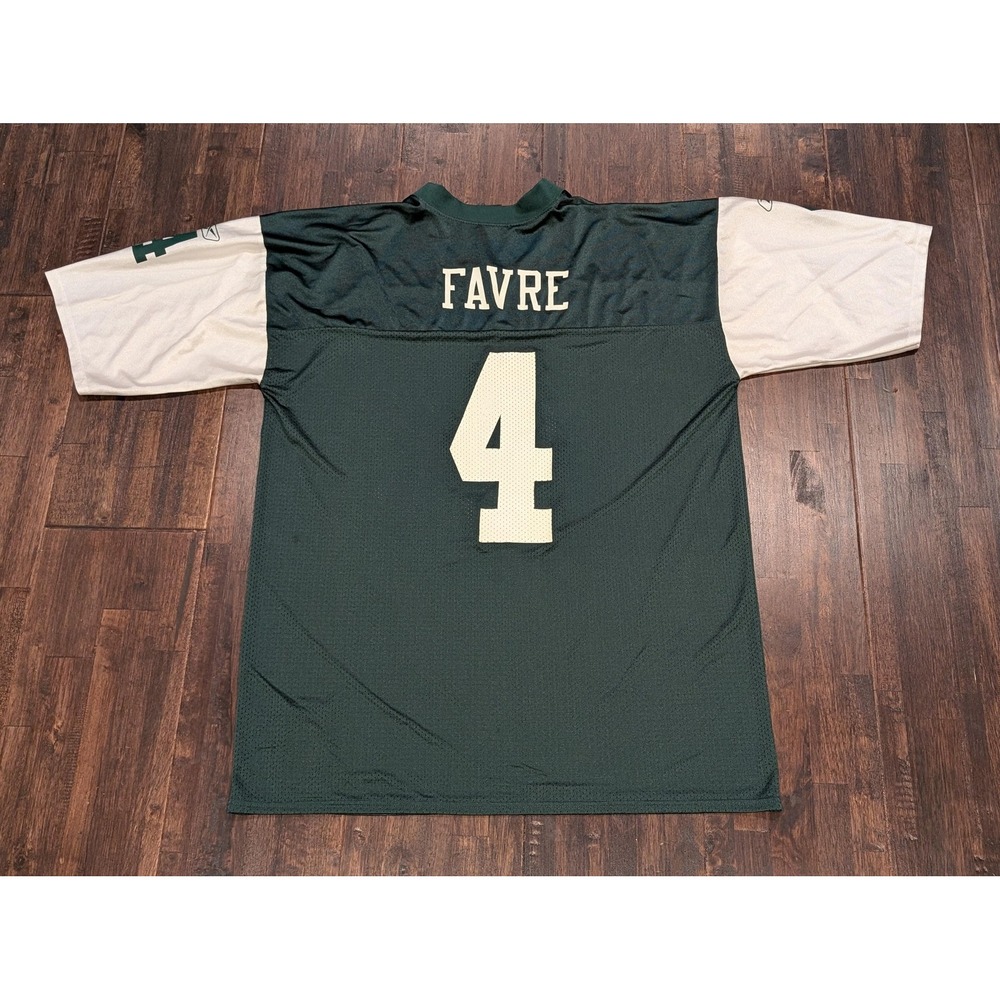 New York‎ Jets Jersey Mens XL Green White NFL Football Brett Favre 4 Reebok - Picture 2 of 11